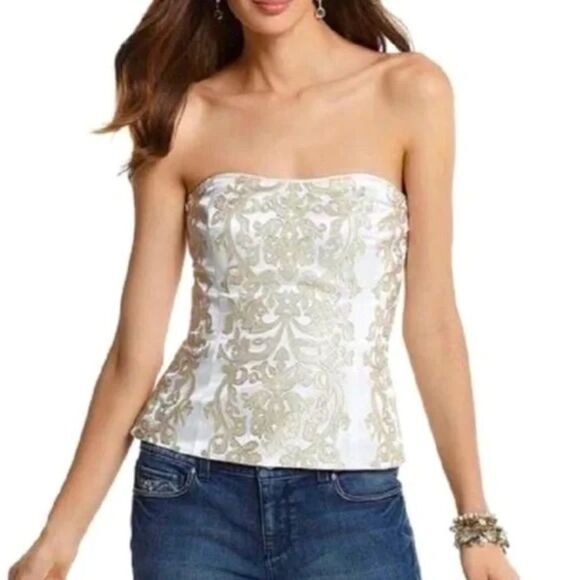 White House Black Market Tops - White House Black Market White Gold Embroidered Satin Bustier Crop Top
